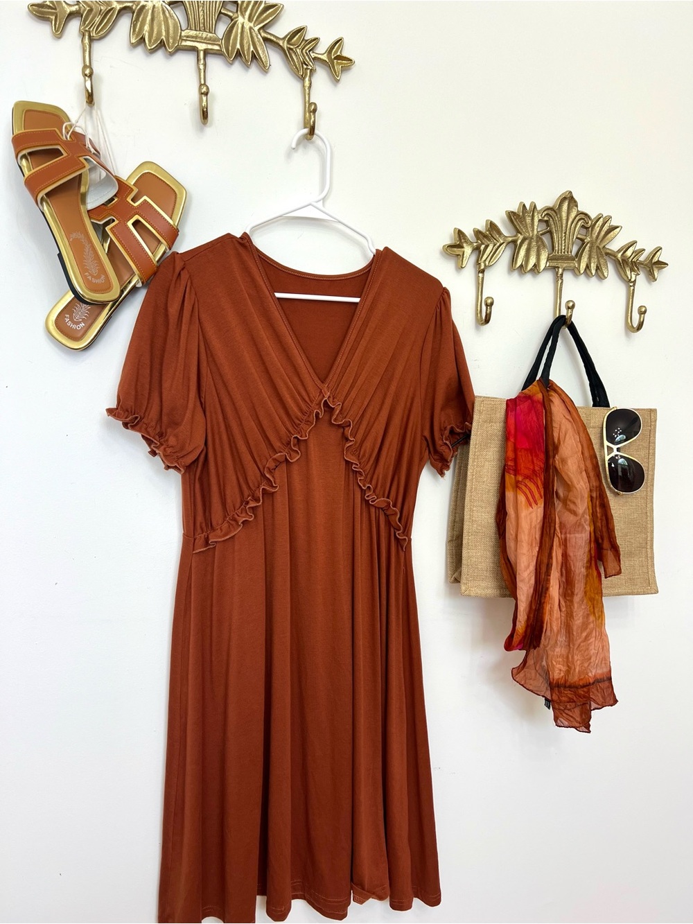 Rust Ruffle-Trim Midi Dress with Short Puff Sleeves l ptp 22” l 40”